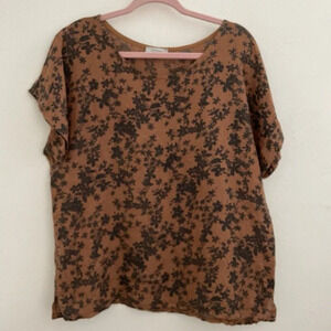 Bella Umbra 100% Linen Blouse M Brown Black Floral Made in Italy Boho Lagenlook